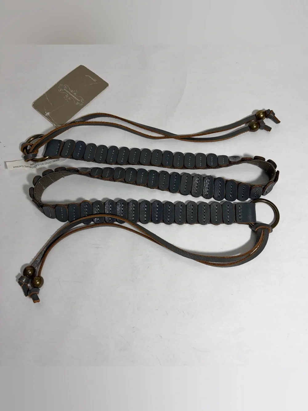NWT Anthropologie Dark Grey Leather Oval Segment Stretch Tie Belt Brass Beads M